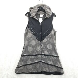 Parsley & Sage Vest Women Medium Black Gray Floral Embroidered Hooded Boho Artsy